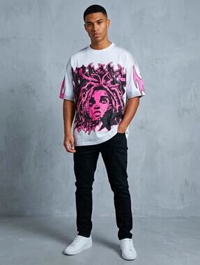 boohooMAN Mens Medium Oversized Boxy Graffiti Graphic Washed T-Shirt Pink NWT